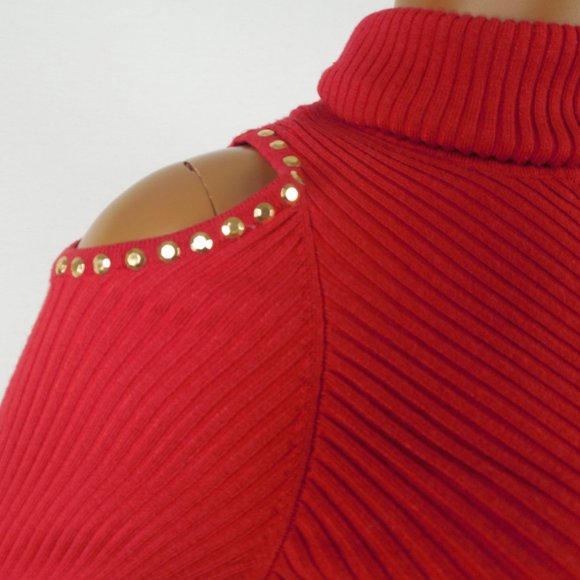 XOXO Red Sweater XL Cold Shoulder Gold Studs Stretch Ribbed Knit Casual Party - Picture 3 of 10